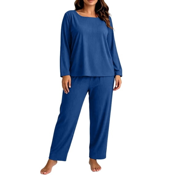 vdgthytj Plus Size Loungewear Sets for Women Ribbed Long Sleeve Crewneck Tops Straight Leg Pants Fall Sleepwear 2 Piece Outfits(X-Large,Blue)