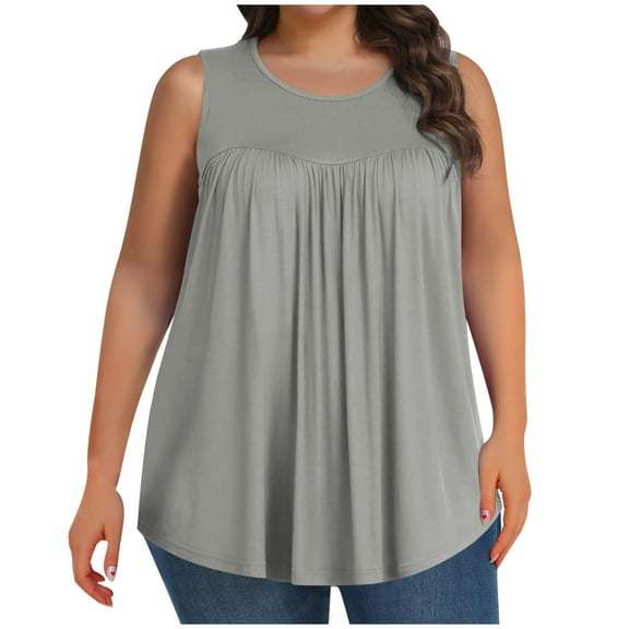 vdgthytj Plus Size Tank Tops for Women Round Neck Sleeveless Tee Shirts Casual Pleated Loose Summer Blouses