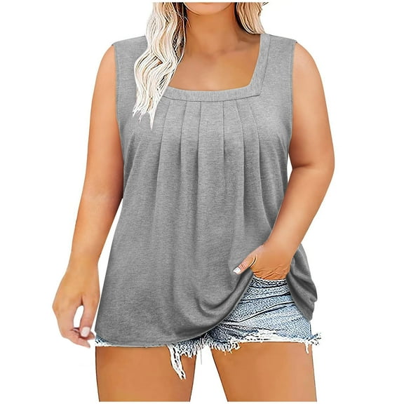 vdgthytj Plus Size Tank Tops for Women Square Neck Sleeveless Summer T-Shirts Pleated Casual Loose Basic Tees