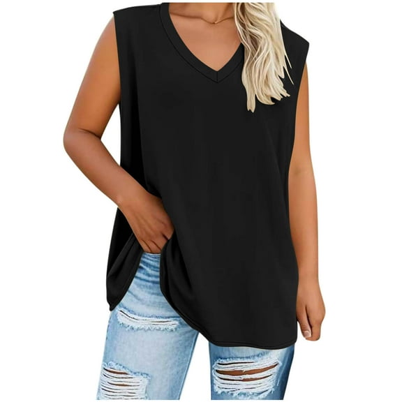 vdgthytj Plus Size Tank Tops for Women V Neck Sleeveless Summer T-Shirts Casual Loose Solid Color Basic Tees