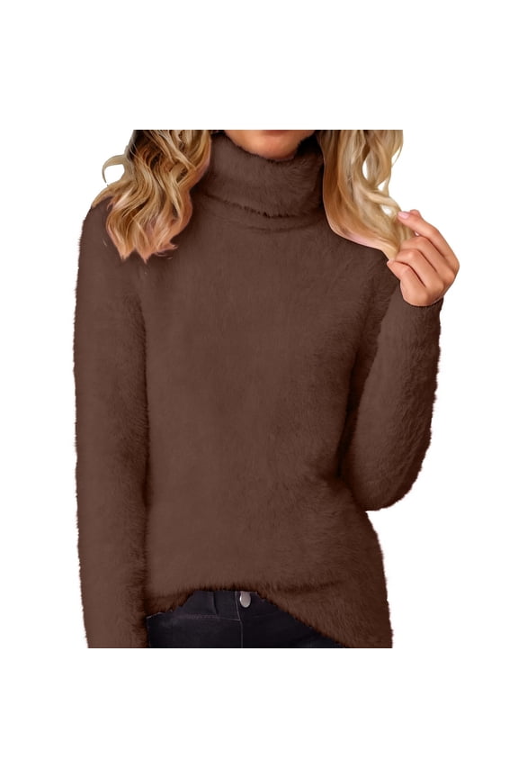 Plus Size Tops for Women Fall Winter Fleece Thick Warm Comfy Base Layer Long Sleeve Turtleneck Pullover Tops(Large,Brown)