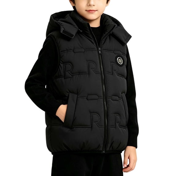 vdgthytj Puffer Hooded Vest for Boys Full Zip Sleeveless Quilted Letter Embossed Winter Warm Casual Outerwear with Side Pockets(9-10 Years,Black)