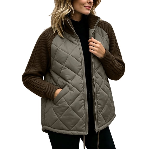 vdgthytj Puffer Jacket Women Full Zip Stand Collar Cable Knit Long Sleeve Patchwork Fall Winter Casual Quilted Outerwear with Pockets(XX-Large,Army Green)