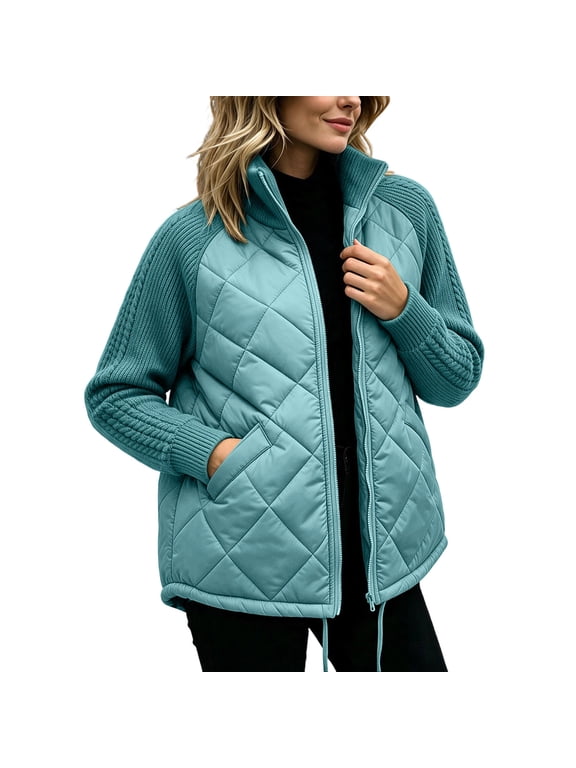 Puffer Jacket Women Full Zip Stand Collar Cable Knit Long Sleeve Patchwork Fall Winter Casual Quilted Outerwear with Pockets(Medium,Green)