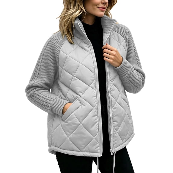 vdgthytj Puffer Jacket Women Full Zip Stand Collar Cable Knit Long Sleeve Patchwork Fall Winter Casual Quilted Outerwear with Pockets(X-Large,Gray)