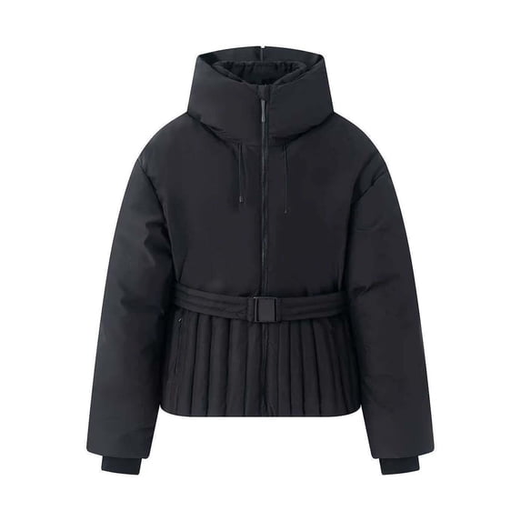 vdgthytj Puffer Jacket Womens Stand Collar Full Zip Long Sleeve Waist Belted Winter Warm Casual Outdoor Outerwear(Medium,Black)