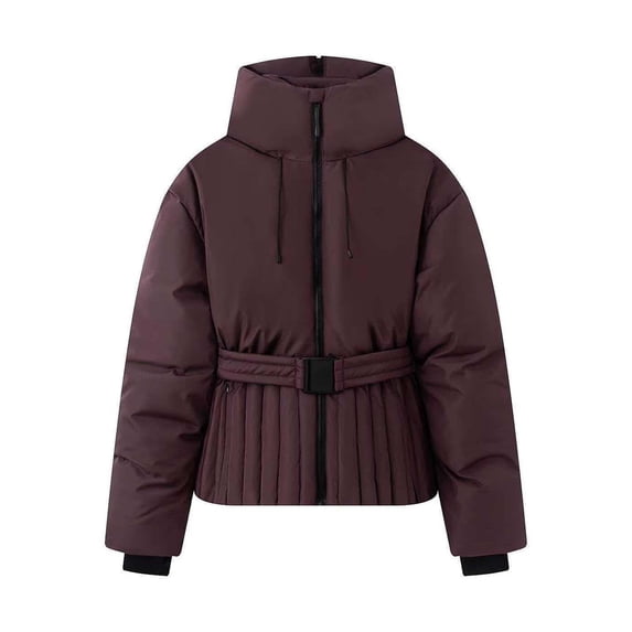 vdgthytj Puffer Jacket Womens Stand Collar Full Zip Long Sleeve Waist Belted Winter Warm Casual Outdoor Outerwear(Small,Purple)