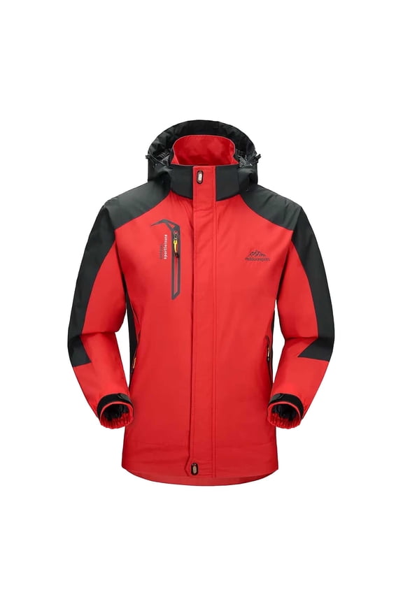 Rain Jacket Men Full Zip Stand Collar Hooded Windproof Contrast Fleece Lined Fall Winter Hiking Travel Outdoor Outwear with Pockets(6X-Large,Red)