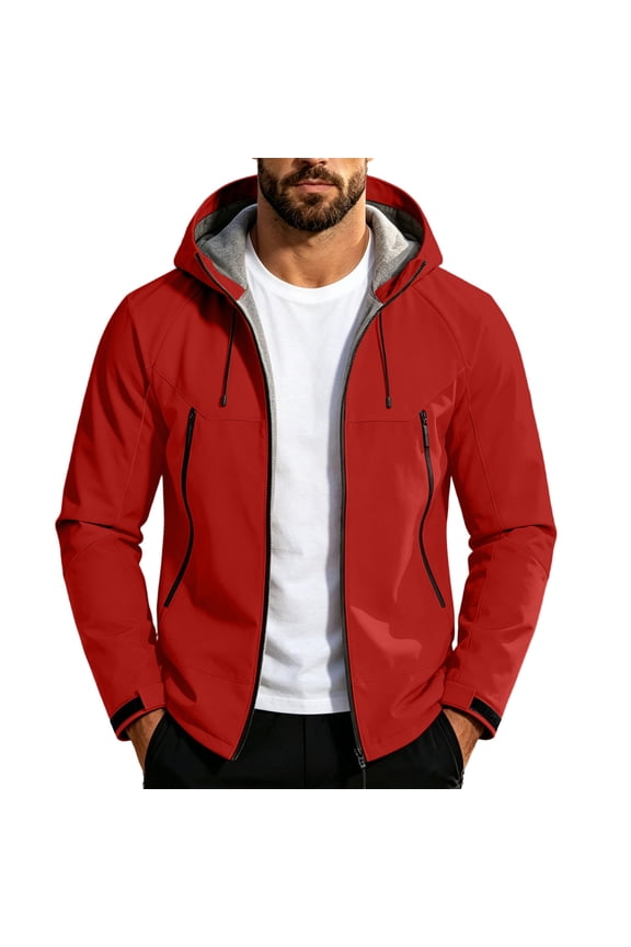 Rain Jacket Men with Hooded Windproof Long Sleeve Full Zip Waterproof Thick Solid Fall Winter Travel Outdoor Jackets with Pockets(XX-Large,Red)