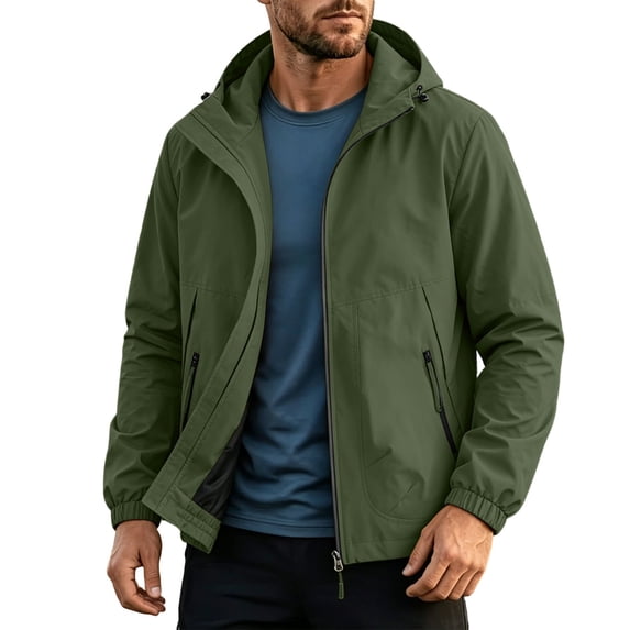 vdgthytj Rain Jacket Men Long Sleeve Full Zip with Hooded Waterproof Lightweight Hiking Camping Outdoor Windbreaker with Zip Pockets(4X-Large,Army Green)