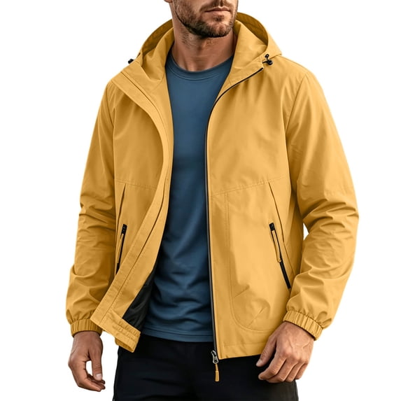 vdgthytj Rain Jacket Men Long Sleeve Full Zip with Hooded Waterproof Lightweight Hiking Camping Outdoor Windbreaker with Zip Pockets(X-Large,Yellow)
