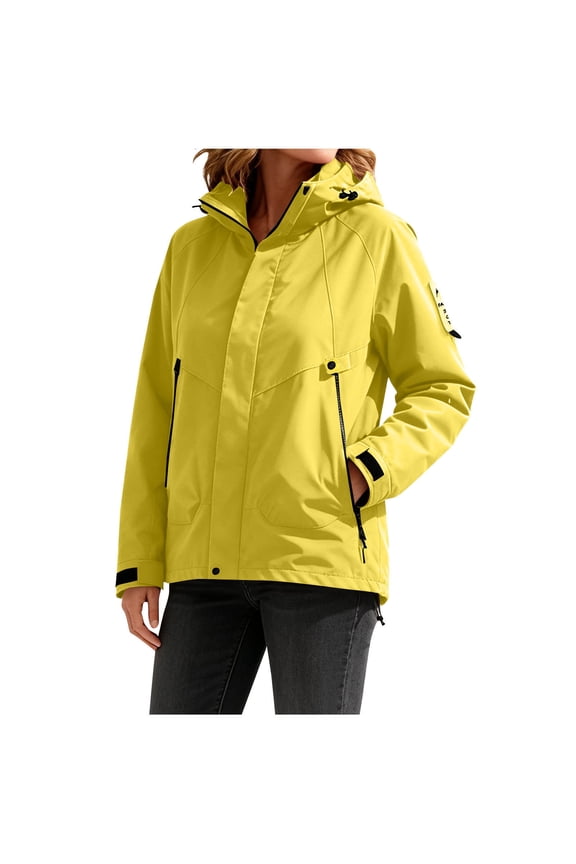 Rain Jacket Women Fall Winter Full Zip Outdoor Outwear Waterproof Windproof Travel Hiking Hooded Jackets with Pockets(XX-Large,Yellow)