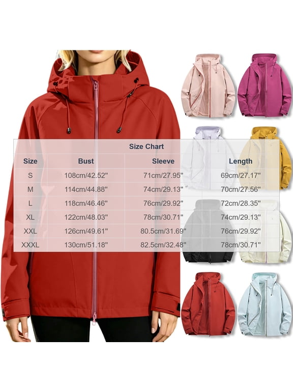 Rain Jacket Women Long Sleeve Full Zip Waterproof Drawstring Hooded Fall Winter Hiking Windbreaker with Zip Pockets(Large,Black)