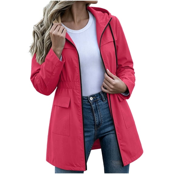 vdgthytj Rain Jacket Women Long Sleeve Full Zip Waterproof Elastic Waist Hooded Jackets Fall Outdoor Hiking Travel Outerwear with Pockets(Medium,Pink)