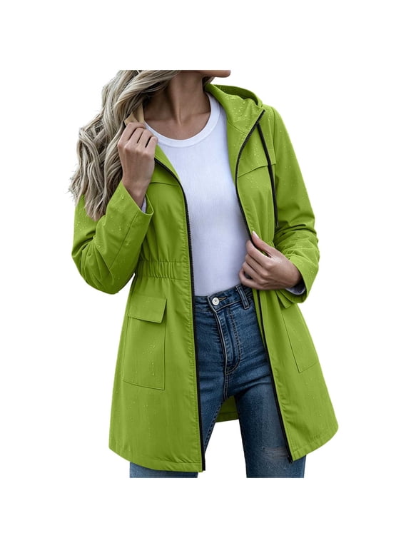 Rain Jacket Women Long Sleeve Full Zip Waterproof Elastic Waist Hooded Jackets Fall Outdoor Hiking Travel Outerwear with Pockets(X-Large,Green)