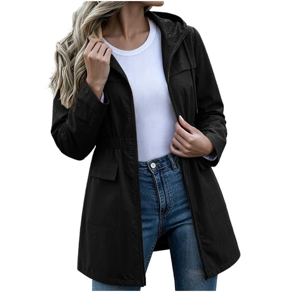 vdgthytj Rain Jacket Women Long Sleeve Full Zip Waterproof Elastic Waist Hooded Jackets Fall Outdoor Hiking Travel Outerwear with Pockets(XX-Large,Black)