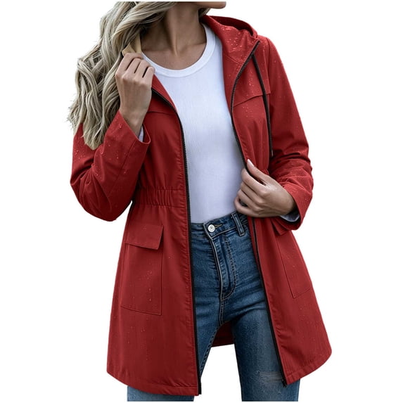 vdgthytj Rain Jacket Women Long Sleeve Full Zip Waterproof Elastic Waist Hooded Jackets Fall Outdoor Hiking Travel Outerwear with Pockets(XX-Large,Red)
