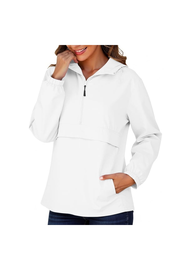 Rain Jacket Women Long Sleeve Quarter Zip Long Sleeve Hoodies Waterproof Lightweight Outdoor Pullover Windbreaker with Pockets(XX-Large,White)