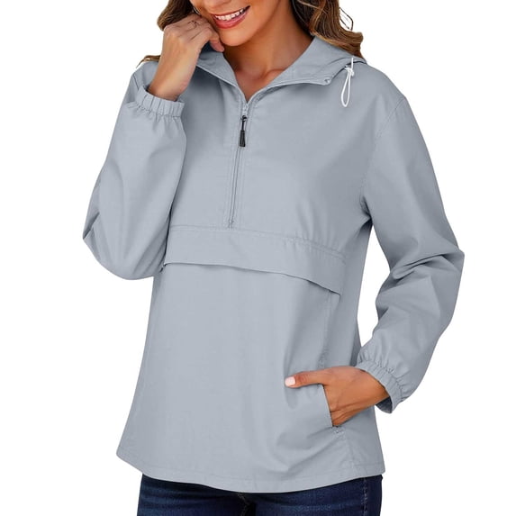 vdgthytj Rain Jacket Women Long Sleeve Quarter Zip Long Sleeve Hoodies Waterproof Lightweight Outdoor Pullover Windbreaker with Pockets(Medium,Gray)