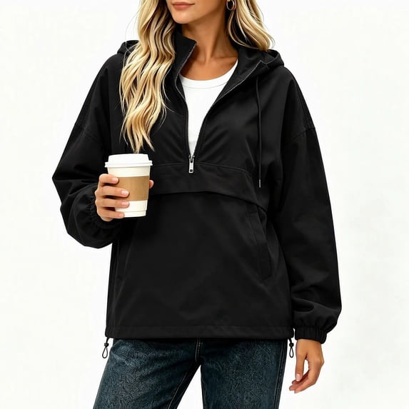 vdgthytj Rain Jacket Womens Half Zip Long Sleeve Hooded Drawstring Bottom Waterproof Hiking Outdoor Pullover Outerwear(Small,Black)