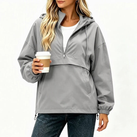 vdgthytj Rain Jacket Womens Half Zip Long Sleeve Hooded Drawstring Bottom Waterproof Hiking Outdoor Pullover Outerwear(Small,Gray)