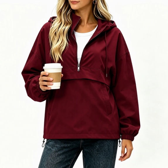 vdgthytj Rain Jacket Womens Half Zip Long Sleeve Hooded Drawstring Bottom Waterproof Hiking Outdoor Pullover Outerwear(X-Large,Wine)