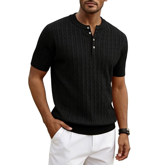 vdgthytj Short Sleeve Tops for Men Henley Neck Button Knit Sweater Shirts Loose Fitting Summer Business Casual Shirts
