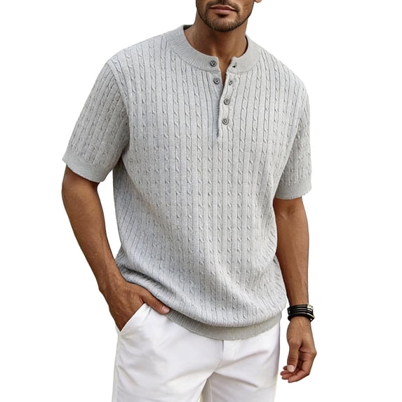 vdgthytj Short Sleeve Tops for Men Henley Neck Button Knit Sweater Shirts Loose Fitting Summer Business Casual Shirts