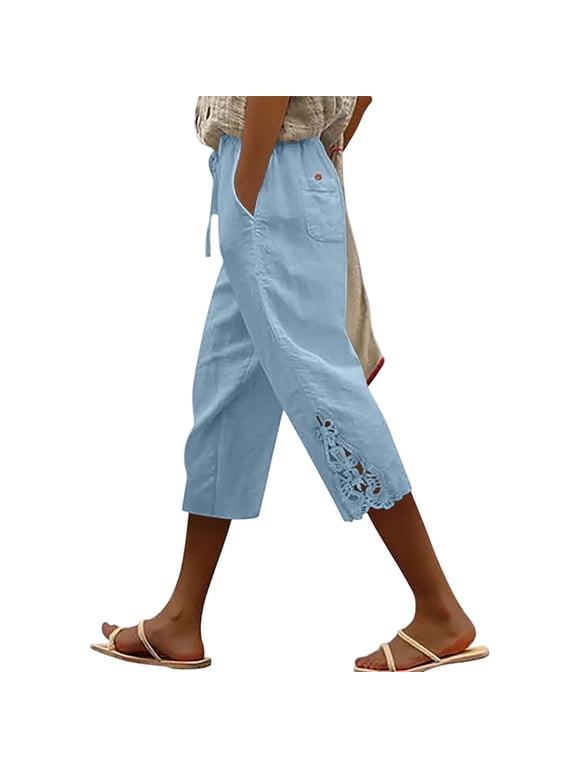Summer Capris for Women Cotton Linen Drawstring High Waist Loose Lace Hollow out Beach Vacation Capris with Pockets