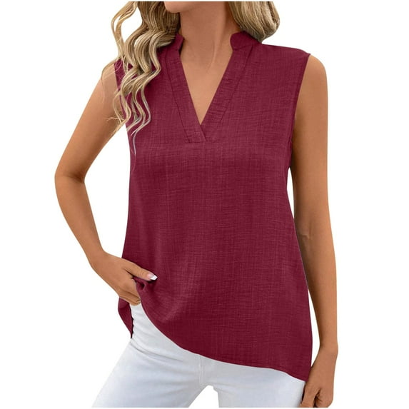vdgthytj Summer Cotton Linen T-Shirt Tops for Women Trendy Sleeveless V Neck Solid Color Loose Comfy Breathable Tunic Blouses