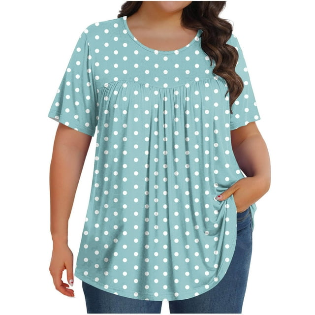 vdgthytj Summer Shirts for Women Polka Dots Crewneck Short Sleeve Plus Size Tops Pleated Casual Going out Blouses