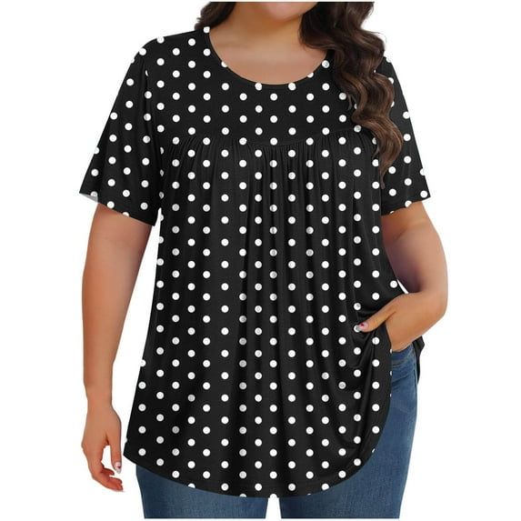 vdgthytj Summer Shirts for Women Polka Dots Crewneck Short Sleeve Plus Size Tops Pleated Casual Going out Blouses