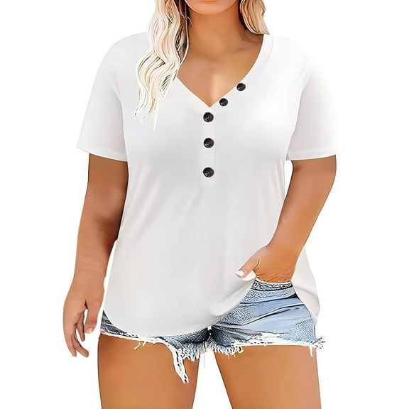vdgthytj Summer Shirts for Women V Neck Button Short Sleeve Plus Size Tops Casual Solid Color Dressy Blouses L-5XL