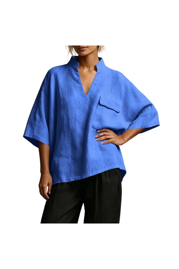 Summer Tops for Women 3/4 Sleeve Deep V-Neck Blouses Loose Fitted Solid Casual Tops with Pocket