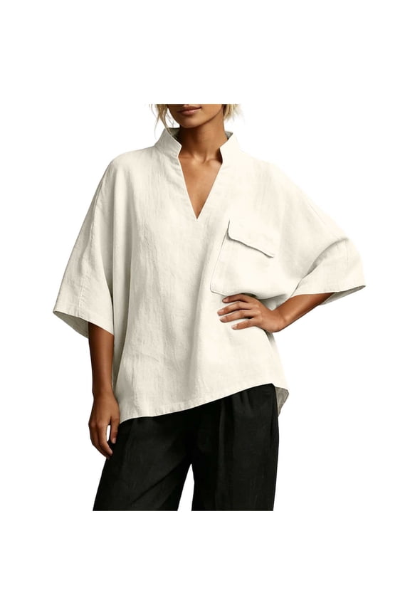 Summer Tops for Women 3/4 Sleeve Deep V-Neck Blouses Loose Fitted Solid Casual Tops with Pocket