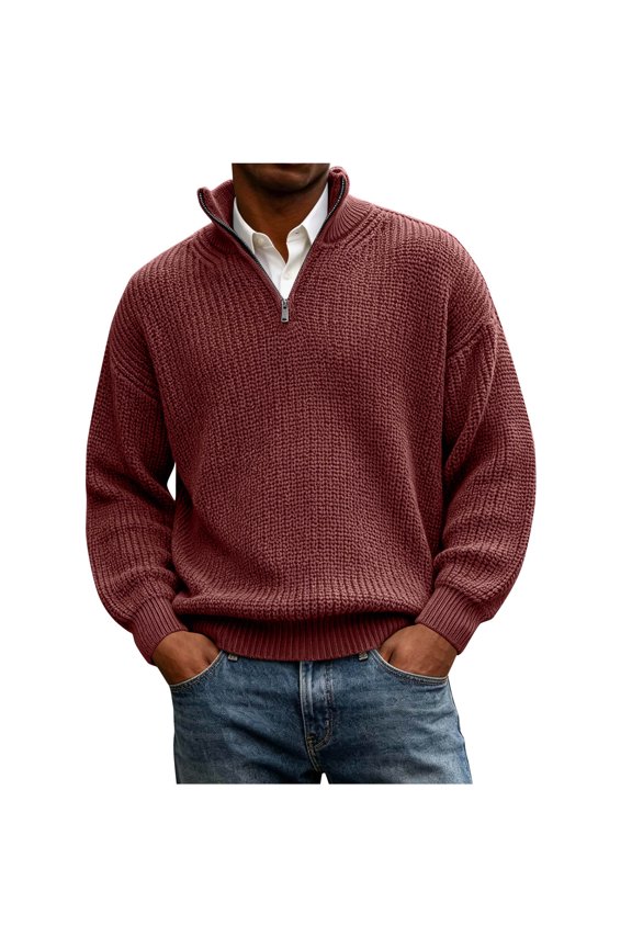 Sweaters for Men Long Sleeve Stand Collar Quarter Zip Oversized Knit Sweaters Fall Winter Casual Pullover Tops(X-Large,Red)