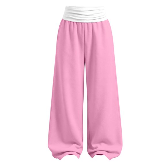vdgthytj Sweatpants for Girls Wide Leg Baggy Floor Length Patchwork Fold over High Waist Fall Winter Athleisure Dance Trousers with Pockets(12-13 Years,Pink)
