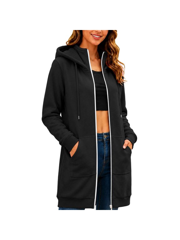 Sweatshirts for Women Full Zip Stand Collar Drawstring Hooded Jackets Long Sleeve Fall Winter Casual Long Outerwear with Pockets(Small,Black)