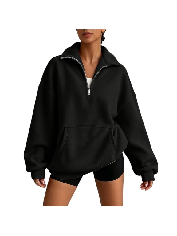 Sweatshirts for Women Long Sleeve Lapel Collar Quarter Zip Oversized Drop Shoulder Fashion Fall Athleisure Pullover Tops with Pocket(Large,Black)