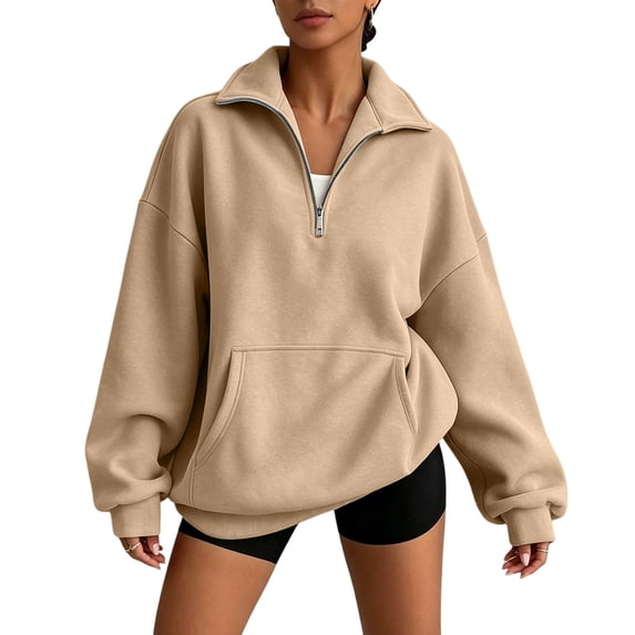 vdgthytj Sweatshirts for Women Long Sleeve Lapel Collar Quarter Zip Oversized Drop Shoulder Fashion Fall Athleisure Pullover Tops with Pocket(X-Large,Khaki)