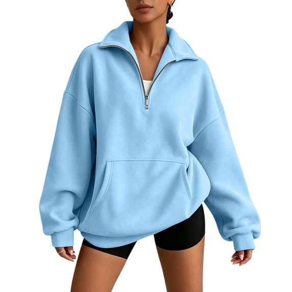vdgthytj Sweatshirts for Women Long Sleeve Lapel Collar Quarter Zip Oversized Drop Shoulder Fashion Fall Athleisure Pullover Tops with Pocket(XX-Large,Sky Blue)
