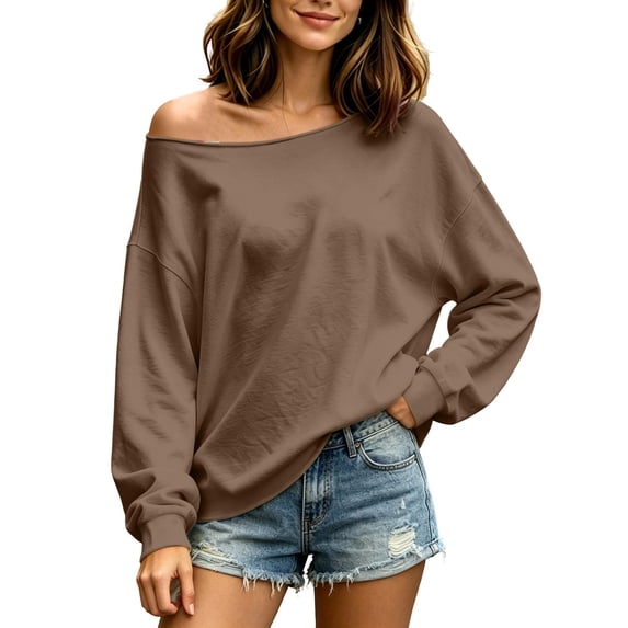 vdgthytj Sweatshirts Women Long Sleeve One Shoulder Oversized Solid Fashion Fall Casual Athletic Pullover Tops(Large,Coffee)