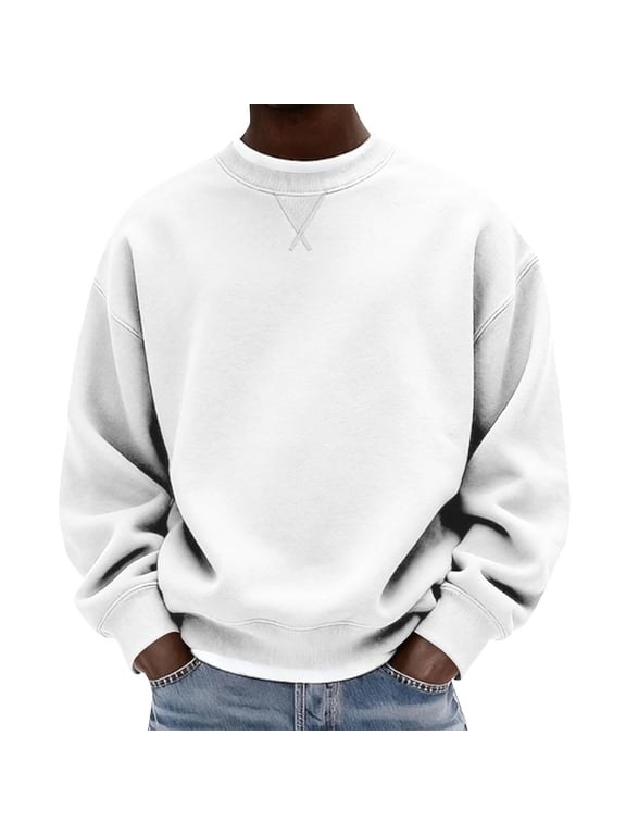 Sweatshirts for Men Long Sleeve Crewneck Loose Comfy Classic Pullover Tops Fall Winter Athleisure Sweatshirts(Large,White)