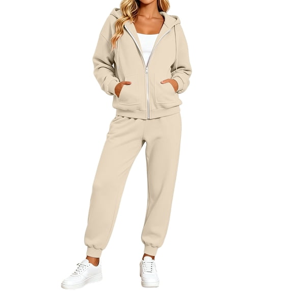 vdgthytj Sweatsuits Women 2 Piece Outfit Full Zip Drawstring Hooded Jackets Jogger Pants Fall Winter Casual Athletic Sets(Large,Beige)