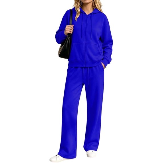 vdgthytj Sweatsuits Women 2 Piece Outfit Full Zip Long Sleeve Hooded Jackets Drawstring Straight Leg Pants Fall Casual Athletic Sets(Large,Blue)