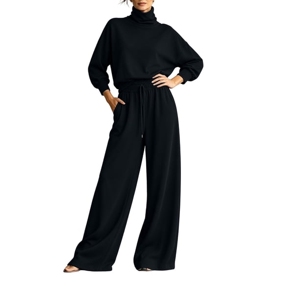 vdgthytj Sweatsuits Women 2 Piece Outfit Long Sleeve Turtleneck Drop Shoulder Tops Drawstring Wide Leg Pants Fall Athleisure Sets(Small,Black)