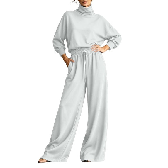 vdgthytj Sweatsuits Women 2 Piece Outfit Long Sleeve Turtleneck Drop Shoulder Tops Drawstring Wide Leg Pants Fall Athleisure Sets(X-Large,White)