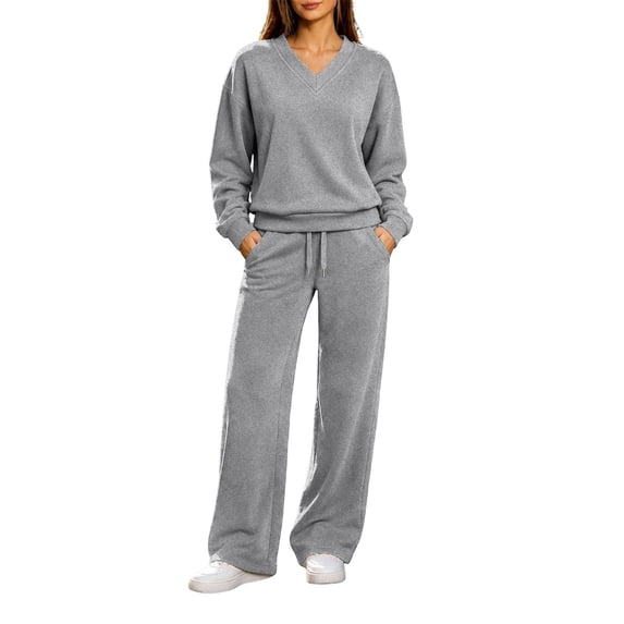 vdgthytj Sweatsuits Women 2 Piece Outfit Long Sleeve V-Neck Tops Drawstring Wide Leg Pants Fall Winter Athleisure Tracksuits(Small,Gray)