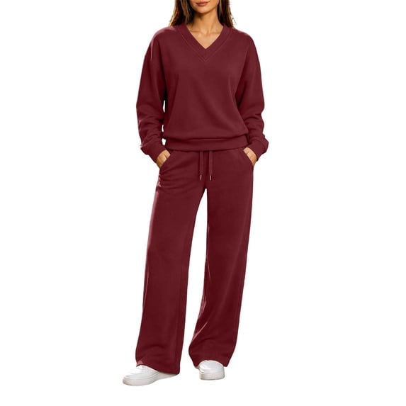 vdgthytj Sweatsuits Women 2 Piece Outfit Long Sleeve V-Neck Tops Drawstring Wide Leg Pants Fall Winter Athleisure Tracksuits(Small,Wine)