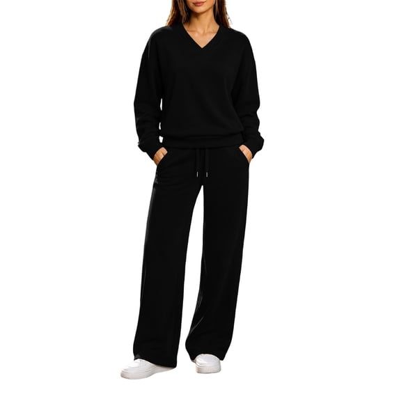 vdgthytj Sweatsuits Women 2 Piece Outfit Long Sleeve V-Neck Tops Drawstring Wide Leg Pants Fall Winter Athleisure Tracksuits(X-Large,Black)
